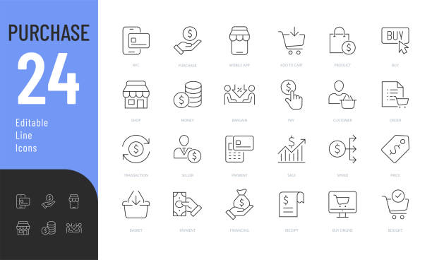 ilustraciones, imágenes clip art, dibujos animados e iconos de stock de conjunto de iconos editables de línea de compra. - precio