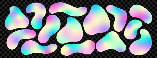 Vector illustration of Set of simple holographic abstract freeform shapes. Doodle design elements.