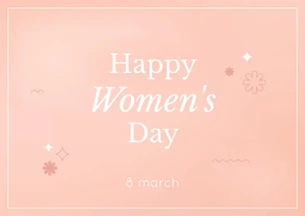 Vector illustration of Y2k Women's Day banner with geometric flowers and forms on gradient peach fuzz background.