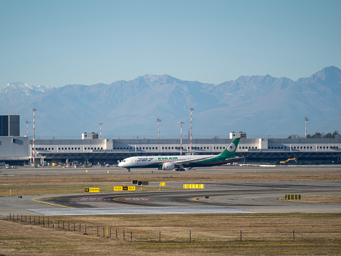 Varese, Italy. Boeing 787 Dreamliner Eva air Airlines aircraft is taxiing at MXP Milano Malpensa international airport