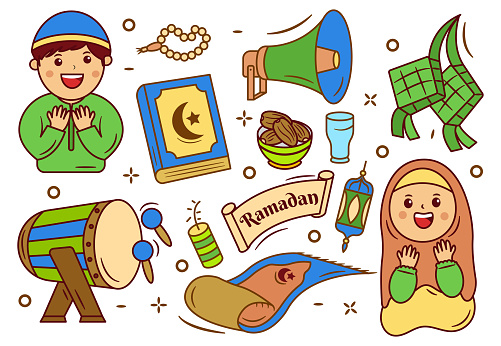 Set of Ramadan Islamic Doodle Cartoon Illustration