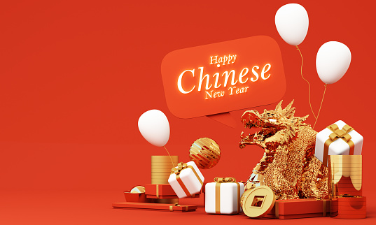 Happy New Year 2024, Chinese Year of the Dragon. In celebration of the new year in the form of a dragon and gifts with money, gold and Chinese coins with product stand. 3d style cartoon rendering