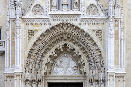 Zagreb, Croatia - September 23, 2023: Main facade with entrance of gothic Zagreb Cathedral, Roman Catholic church located at Kaptol (Upper Town)