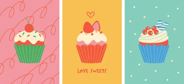 Vector illustration of A set of colorful cupcake art posters with a retro and pop design.