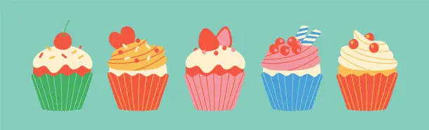 Vector illustration of A set of colorful cupcake art posters with a retro and pop design.