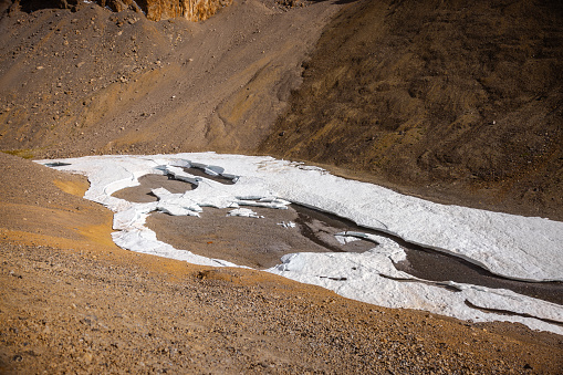 Frozen riverbed melting forming rivers within mountain peaks of the greater Himalayas, en route Manali to Leh, Ladakh