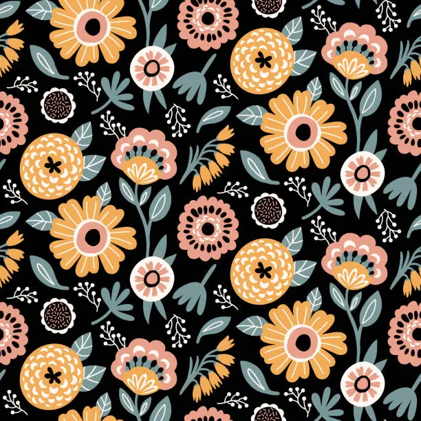 Vector illustration of Floral Seamless Pattern of Flowers and Leaves in Yellow, White, Pink Peach, Grey Green on Black