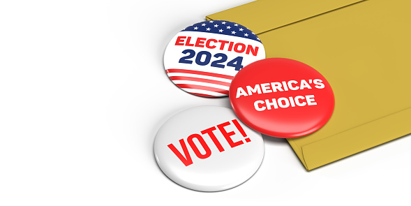 2024 United States Presidential Election Campaign Buttons with USA Flag. \