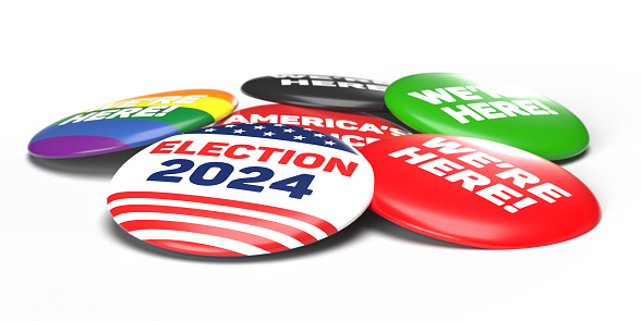 2024 United States Presidential Election Campaign Buttons with USA Flag. Vote in November! 
