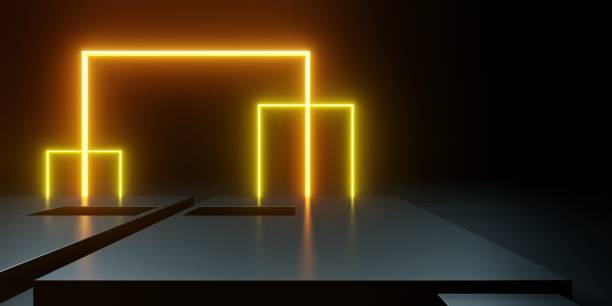 istock 3d rendering of orange neon glowing abstract black background. Scene for advertising, technology, showcase, food, banner, cosmetic, fashion, business, sport, game. Sci-Fi Illustration. Product display 1909096060