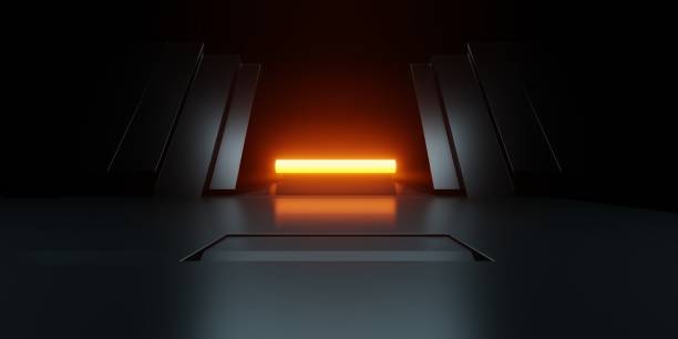 istock 3d rendering of orange neon glowing spaceship corridor black background. Scene for advertising, showroom, technology, future, modern, sport, game, metaverse, warehouse, garage. Sci Fi Illustration 1909096062