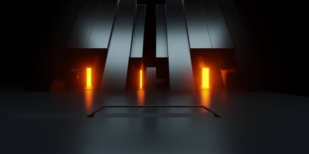 istock 3d rendering of orange neon glowing spaceship corridor black background. Scene for advertising, showroom, technology, future, modern, sport, game, metaverse, warehouse, garage. Sci Fi Illustration 1909096063
