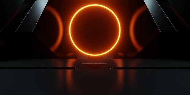 istock 3d rendering of orange neon glowing spaceship corridor black background. Scene for advertising, showroom, technology, future, modern, sport, game, metaverse, warehouse, garage. Sci Fi Illustration 1909096447