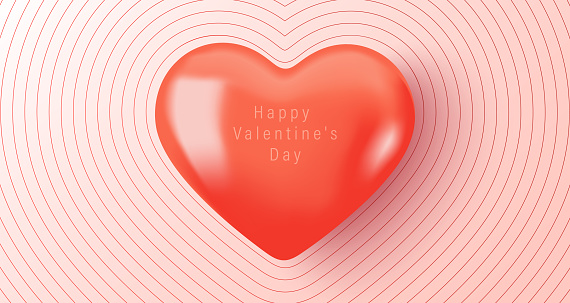 Delicate vector card for Valentine's Day with a voluminous realistic red glossy heart. The 14th of February