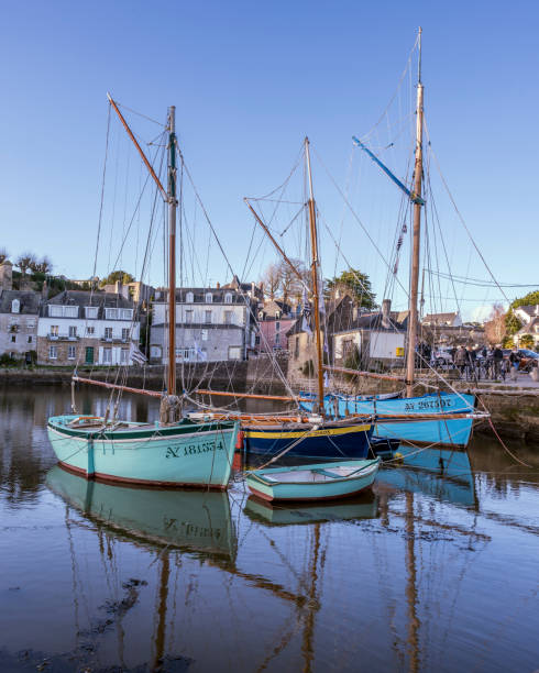 Auray, Morbihan, France - december 28 2023 : The picturesque port of Auray in winter with typical sailing boats