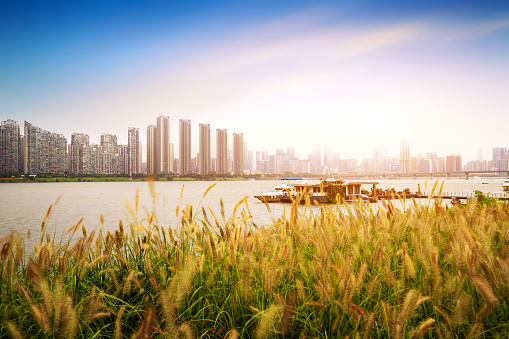 Dusk along the Xiangjiang River, cityscape of Changsha, China.