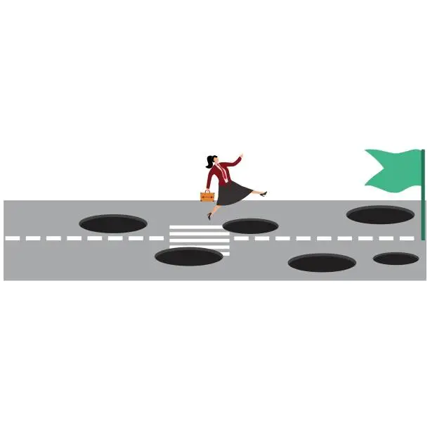 Vector illustration of Business strategy, Road, Conquering Adversity, Hurdle, Imbalance, Businesswoman