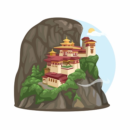 Taktsang Lhakhang or the Tiger’s Nest Monastery On CliffSide Bhutan Illustration Vector