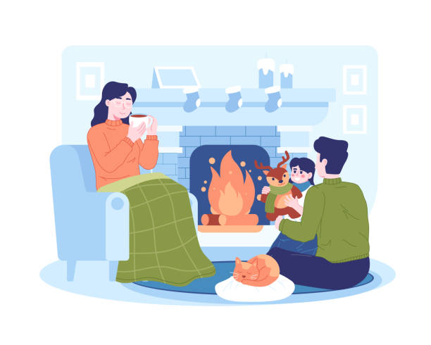 Cozy winter scene with a fireplace Cozy winter scene with a fireplace. Family sitting in front of a fireplace, cozy living room interior. Vector illustration fireplace and armchair stock illustrations