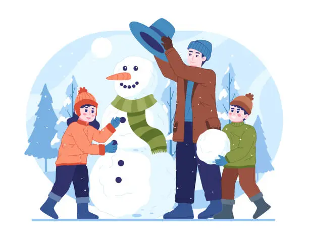 Vector illustration of Men and kids enjoy outdoor winter activities