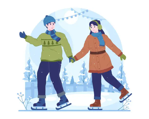 Vector illustration of Couple skaters in cold weather with snow