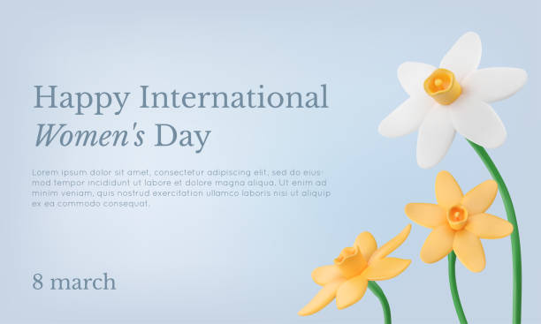 illustrations, cliparts, dessins animés et icônes de modèle de bannière de la journée de la femme avec des fleurs de jonquille. - daffodil spring flower blue