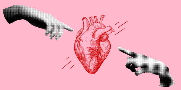 Modern collage with human heart and hands World heart day. Sketch style human heart. Retro halftone hands reaching out to each other. Modern collage. Valentines day banner. Healthcare medical concept. Healthy lifestyle. pics for heart shape design stock illustrations