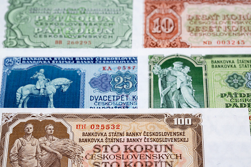 Old Czechoslovak money - koruna a business background