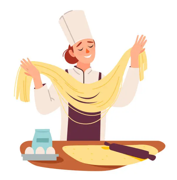 Vector illustration of Chef prepares pasta dough. Food maker rolling homemade dough at restaurant kitchen. Flat vector illustration