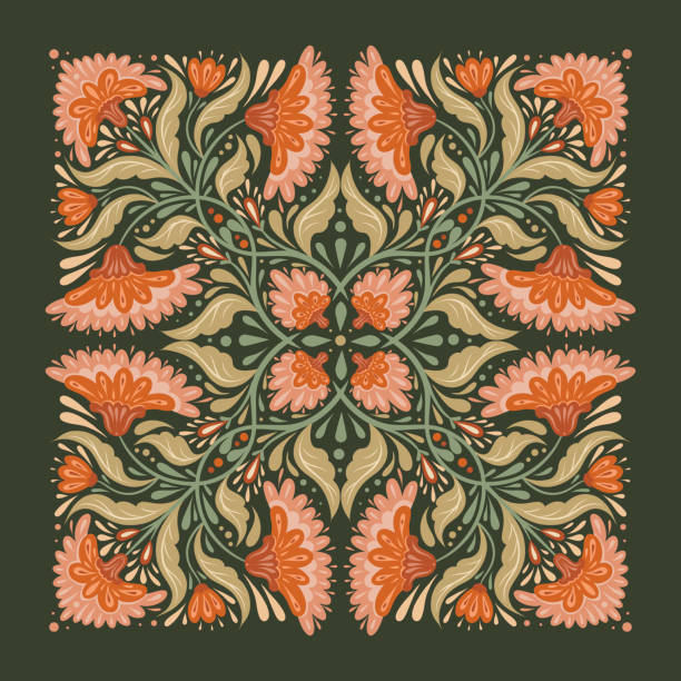 Vector decorative illustration with floral ornament. Folk art tracery card with geometric flowers and stems with foliage Vector decorative illustration with floral ornament. Folk art tracery card with geometric flowers and stems with foliage in pastel colors for handkerchief and shawl weed leafs clip art stock illustrations