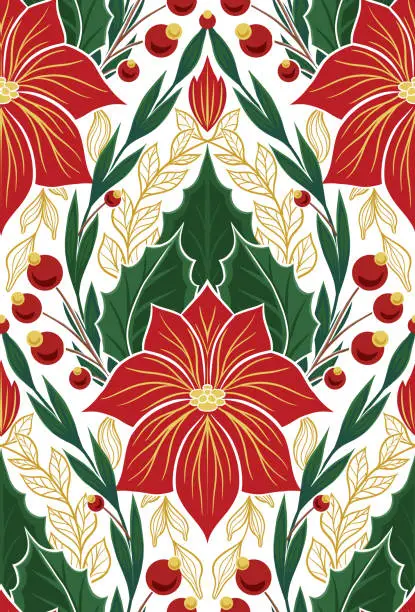 Vector illustration of Vector decorative xmas pattern with poinsettia flowers in tile. Holiday textile. Seamless tracery texture with Christmas flowers
