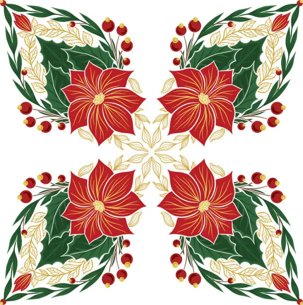 Vector illustration of Vector decorative holiday pattern with poinsettia flowers kaleidoscope. Seamless tracery texture with Christmas flower starts, foliage