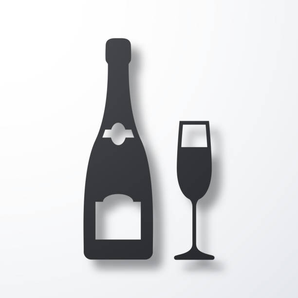 ilustraciones, imágenes clip art, dibujos animados e iconos de stock de botella de champán y copa. icono con sombra sobre fondo blanco - white wine white background isolated on white champagne flute