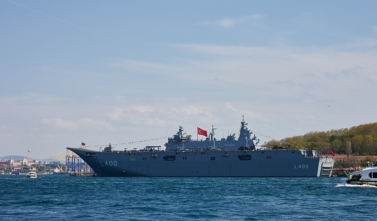 Turkey - April 24, 2007: TCG İskenderun A1600 takes part in the Military Logistics activities of the Turkish Navy. This ship, which has the status of a passenger ship, took its passengers to commemorate the Gallipoli Wars and anchored in Çanakkale.