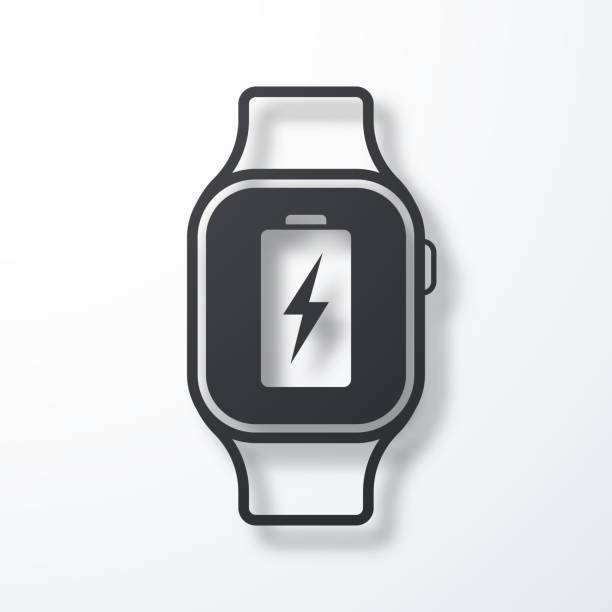 illustrazioni stock, clip art, cartoni animati e icone di tendenza di smartwatch con simbolo di carica della batteria. icona con ombra su sfondo bianco - watch battery