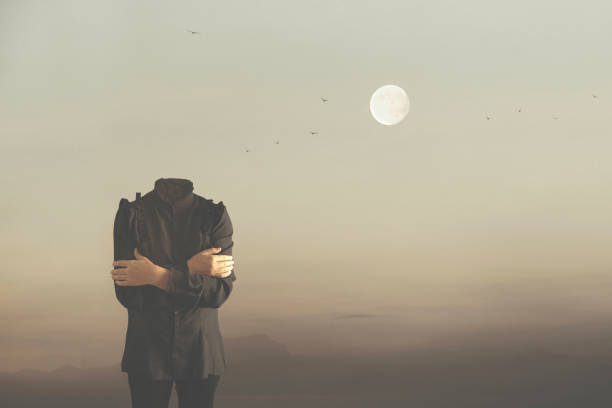 surreal headless woman with a moon illuminating her behind, abstract concept