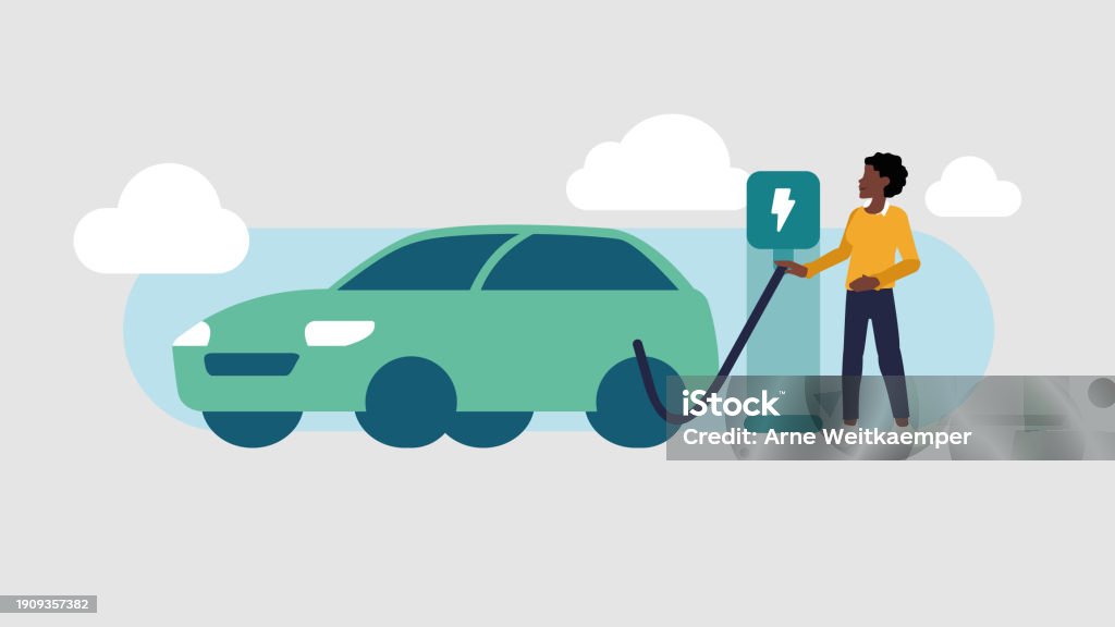 Vector illustration of a person charging its electric car at a charging station – mobility concept - Royalty-free Aansluitblok vectorkunst Vector illustration of a person charging its electric car at a charging station – mobility concept - Royalty-free Aansluitblok vectorkunst
