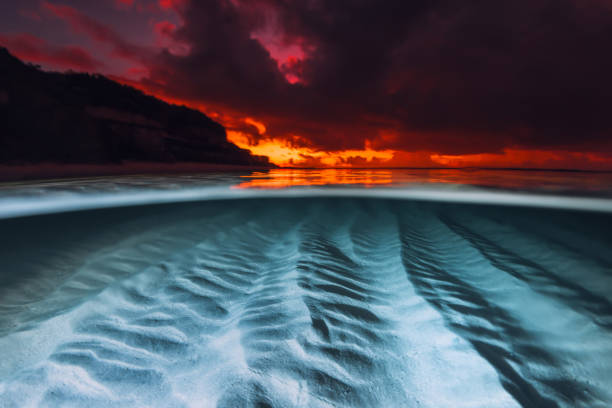 vista divisa con tramonto luminoso e fondale sabbioso sottomarino. paesaggio marino tropicale con tramonto luminoso variopinto o alba, vista cinquanta cinquanta con luce artificiale - scuba diving flash foto e immagini stock