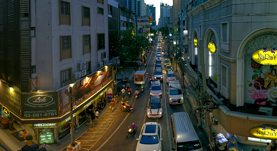 January 2, 2024, Rush hour traffic jams in alleys on Sukhumvit road, Phrom Phong, Bangkok, Thailand, Despite improvements in public transportation, But traffic congestion is still a problem