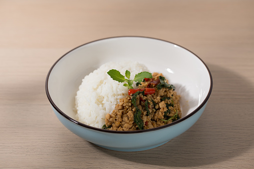 Khao ka prao moo sub Khai Dow or Rice topped with stir-fried pork and basil