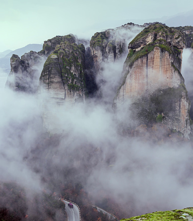 The cliffs shrouded in fog  (Thessaly, Greece,Trikala). Center for Orthodox Monasticism in Greece.