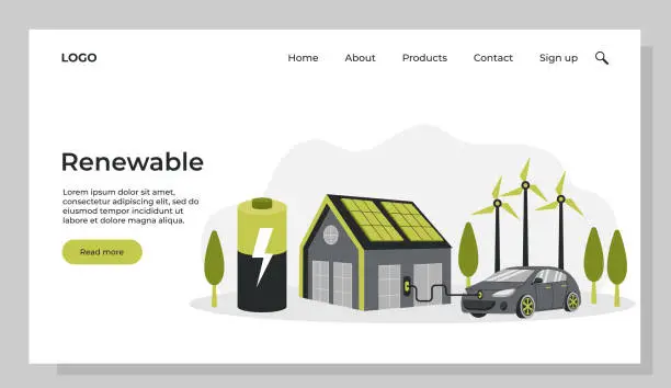 Vector illustration of Green energy. Smart grid. Renewable. House with battery and solar energy panels, electric car near charging station. Template for landing page.