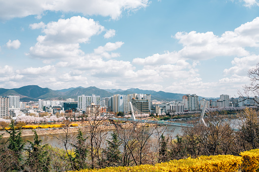 Daegu, Korea - April 1, 2022 : Panoramic view of Dongchon riverside park and city at spring