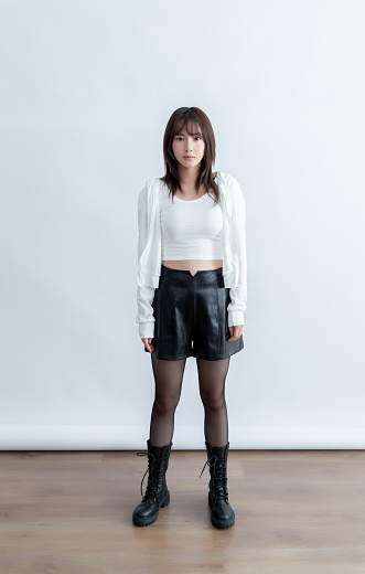 Asian woman in white crop top, black leather shorts, and black boots