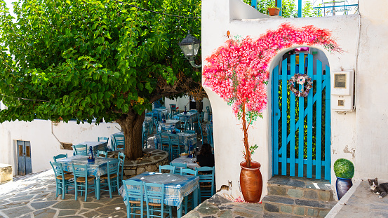 Paros, Greece- September 18, 2023; Paros Island is  Located in the heart of the Cyclades , this island is one of the most popular tourist destinations in Greece, with beautiful beaches, medieval villages, wineries, ports and easy access to neighboring islands.