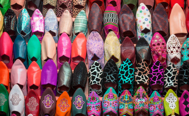 scents and colors while walking through the markets of the ancient east - craft market morocco shoe imagens e fotografias de stock