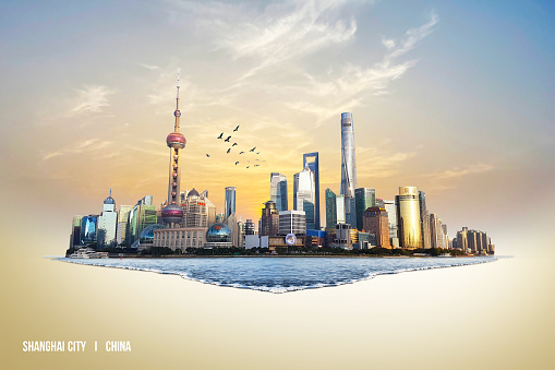 shanghai city skyline landscape 3d view in sunset, Pudong financial center with Huangpu river, China.