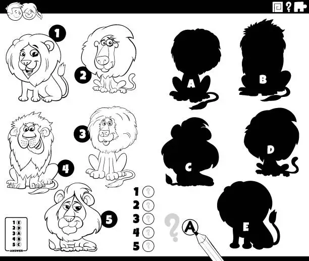 Vector illustration of shadows game with cartoon lions coloring page