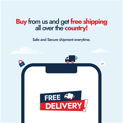 Mobile App promoting Free Delivery. Free delivery mobile app promotion and marketing. Buy and get free delivery announcement banner with a mobile phone screen and text free delivery. Safe and secure shipment every time. Delivery van and shopping bag icon. Red and Blue color icons. Food Delivery Services mobile app post

Buy now, free delivery icon and post for social media Facebook and Instagram post with huge mobile and small courier van.