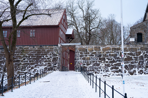 Oslo, Norway. December 7, 2023. A view of an entrance to the 700 year old Akershus fortress on a cold winter day in December.